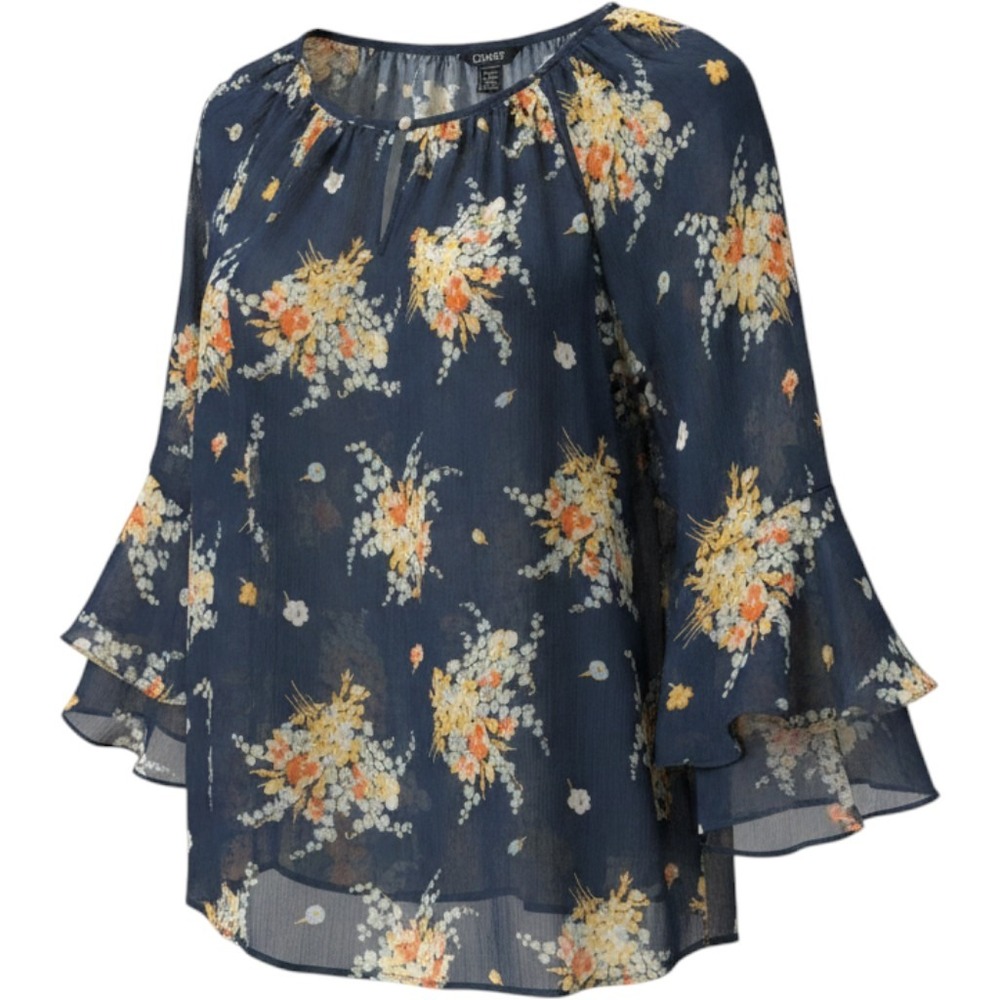 Chaps Floral Chiffon Blouse Womens 2X Navy Blue Tiered Bell Sleeve Boho Top